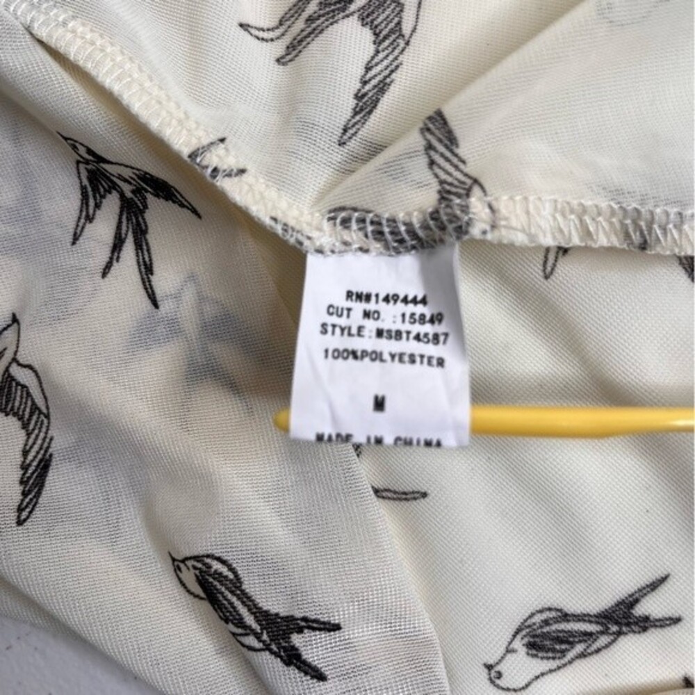 Siren Lily Bird Print Tie Neck Button Front Semi Sheer Cream Top Women Medium - Picture 8 of 13